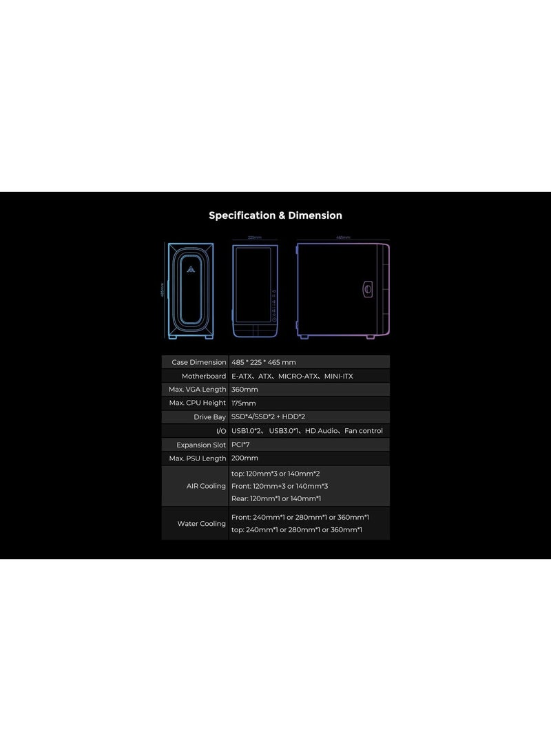 ALSEYE AI PRO ATX Mid-Tower Gaming PC Case with Tempered Glass Side Panel, ARGB Halo Front Panel & Type-C Front I/O - Image 4