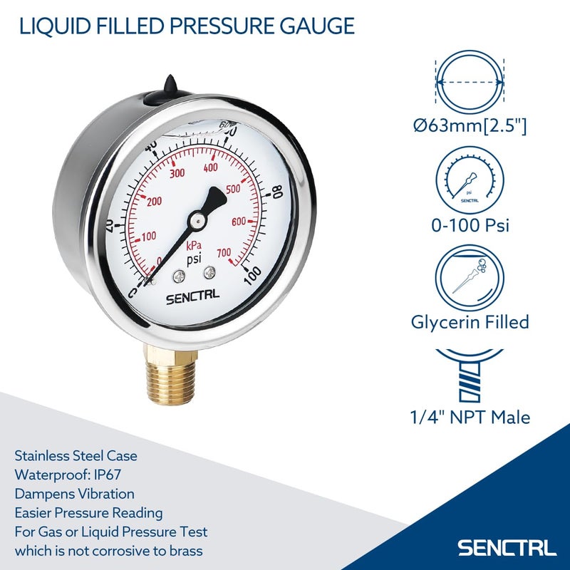 senctrl 0-100 Psi Glycerin Liquid Filled Low Pressure Gauge, 2.5" Dial Size, 1/4" NPT Lower Mount, Stainless Steel Case, for Water Pump, Pneumatic Air, Well, RV Hose, Co2 Tank, Gas Pressure Test - Image 2
