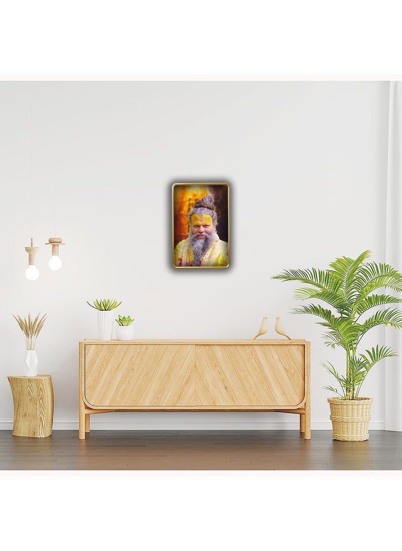 Dharvika Innovations Dharvika Innovations Premium Sparkle Lamination Premanand Maharaj paintings for living room with golden slim frame Gold 324 12x18 Inch Without Glass  - Image 3