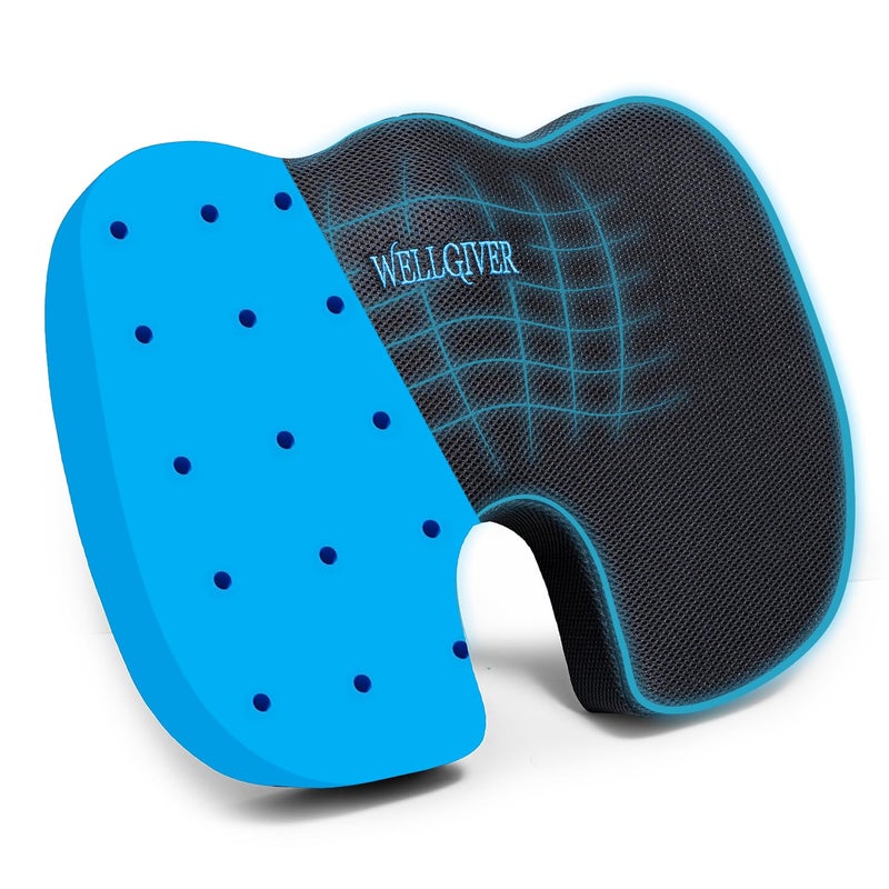 WELLGIVER WELLGIVER OrthoFlex Gel Memory Foam Coccyx Seat Cushion for Tailbone Pain 2 Years Warranty Sciatica Back Pain Relief Orthopedic Chair Cushions Sitting Office Chair Size 18x15x3 Inch