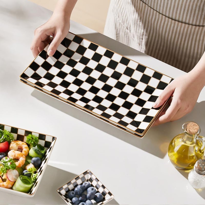 Porlien Checker Black and White 12inch Rectangle Serving Platters Set of 3 for Party Wedding and Entertaining Rectangular Serving Plates Serving Tray for Dinner Appetizers and Desserts - Image 3