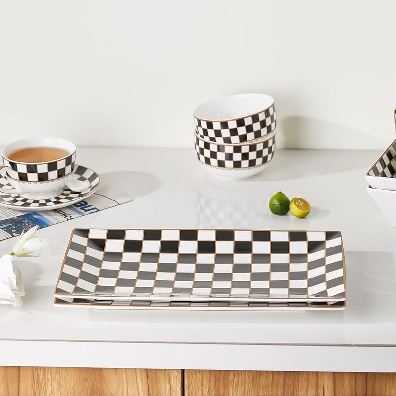 Porlien Checker Black and White 12inch Rectangle Serving Platters Set of 3 for Party Wedding and Entertaining Rectangular Serving Plates Serving Tray for Dinner Appetizers and Desserts - Image 4