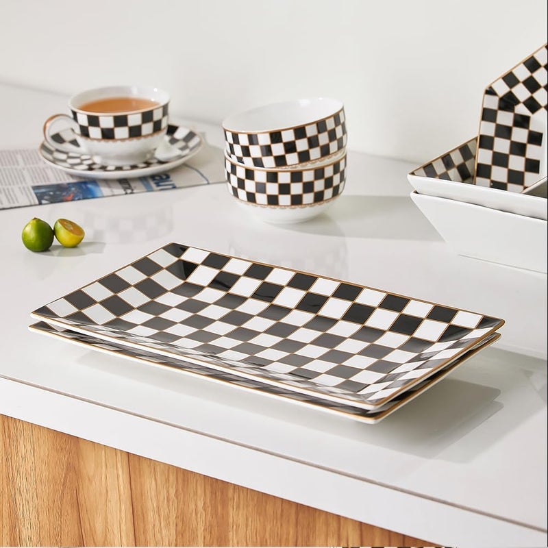 Porlien Checker Black and White 12inch Rectangle Serving Platters Set of 3 for Party Wedding and Entertaining Rectangular Serving Plates Serving Tray for Dinner Appetizers and Desserts - Image 5