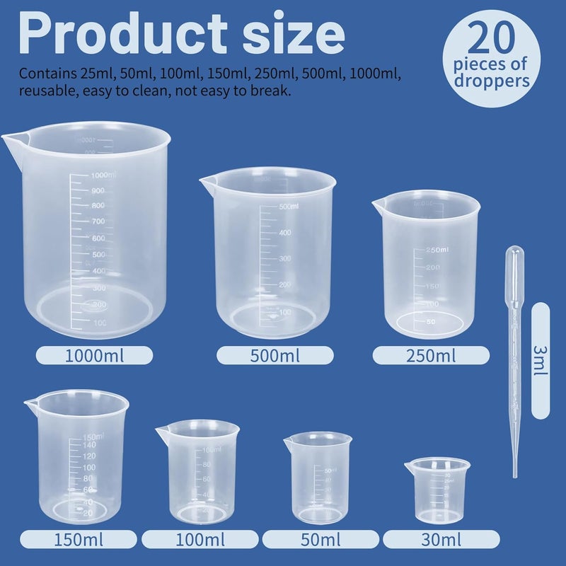 Twdrer 7 Sizes Plastic Beaker Set,Clear Measuring Graduated Liquid Container Beakers in 30ml/50ml/100ml/150ml/250ml/500ml/1000ml for Laboratory Measuring with 20 PCS Plastic Droppers in 3 ml - Image 2