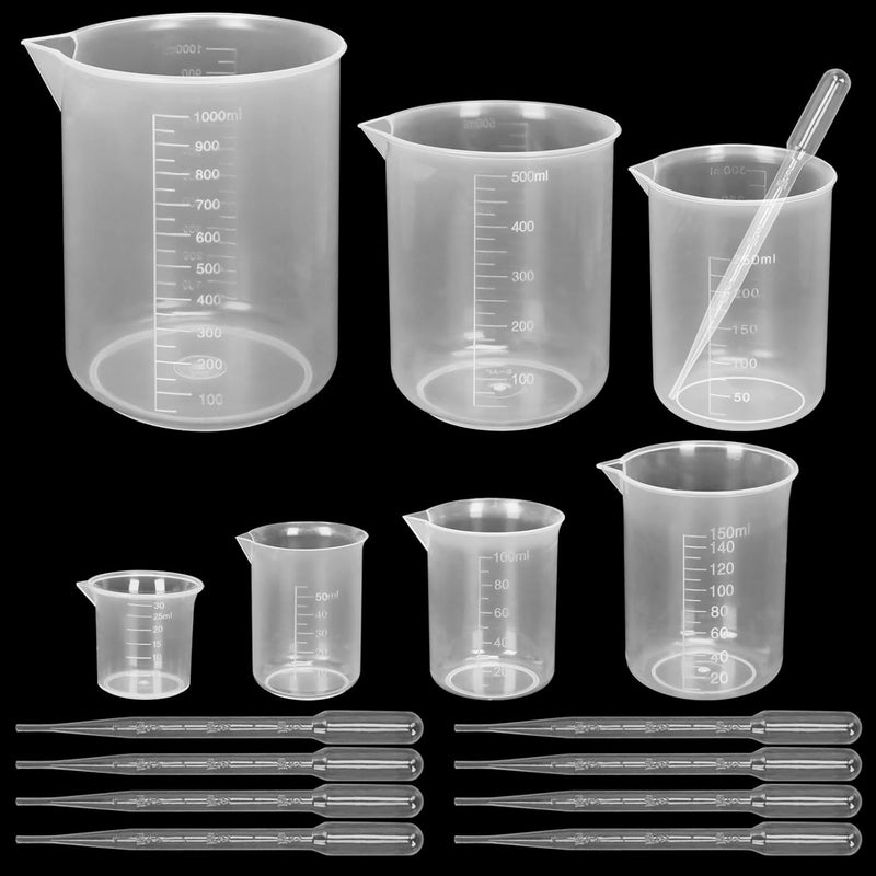 Twdrer 7 Sizes Plastic Beaker Set,Clear Measuring Graduated Liquid Container Beakers in 30ml/50ml/100ml/150ml/250ml/500ml/1000ml for Laboratory Measuring with 20 PCS Plastic Droppers in 3 ml - Image 1