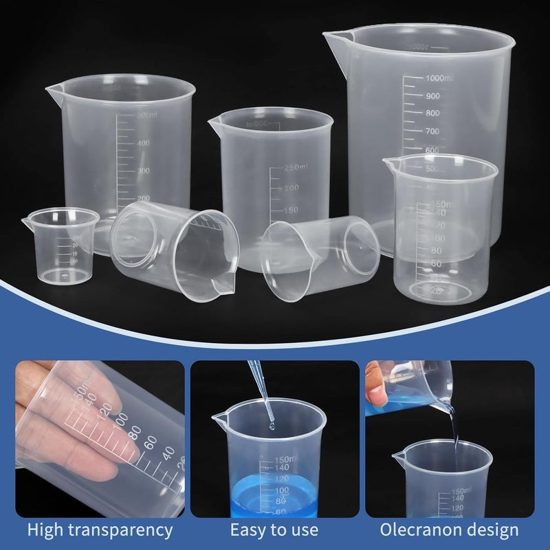 Twdrer 7 Sizes Plastic Beaker Set,Clear Measuring Graduated Liquid Container Beakers in 30ml/50ml/100ml/150ml/250ml/500ml/1000ml for Laboratory Measuring with 20 PCS Plastic Droppers in 3 ml - Image 4