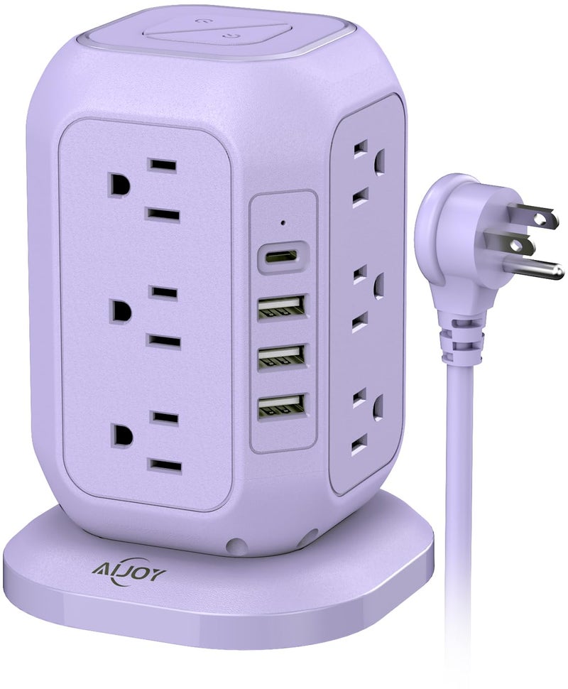 AiJoy USB C Power Strip Tower, Surge Protector with 12 AC Outlet and 4 USB Ports, AiJoy 10 FT Extension Cord, 1200J Power Strip Surge Protector, USB Charging Station, Office Supplies, Dorm Essentials, Woman - Image 1