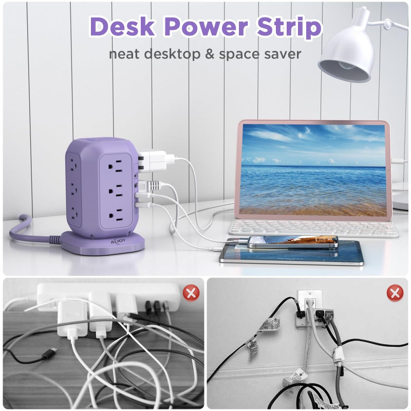 AiJoy USB C Power Strip Tower, Surge Protector with 12 AC Outlet and 4 USB Ports, AiJoy 10 FT Extension Cord, 1200J Power Strip Surge Protector, USB Charging Station, Office Supplies, Dorm Essentials, Woman - Image 5