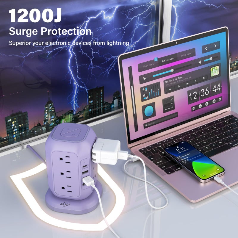 AiJoy USB C Power Strip Tower, Surge Protector with 12 AC Outlet and 4 USB Ports, AiJoy 10 FT Extension Cord, 1200J Power Strip Surge Protector, USB Charging Station, Office Supplies, Dorm Essentials, Woman - Image 4