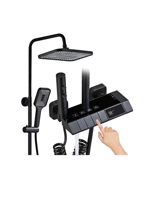 Black Shower System with LED Digital Display Shower Faucet Set Wall Mount Rain Mixer Shower Combo Set 4 Way Shower Fixture with 12" Rain Shower Head, 3 Mode Handheld Shower, Bidet Shower