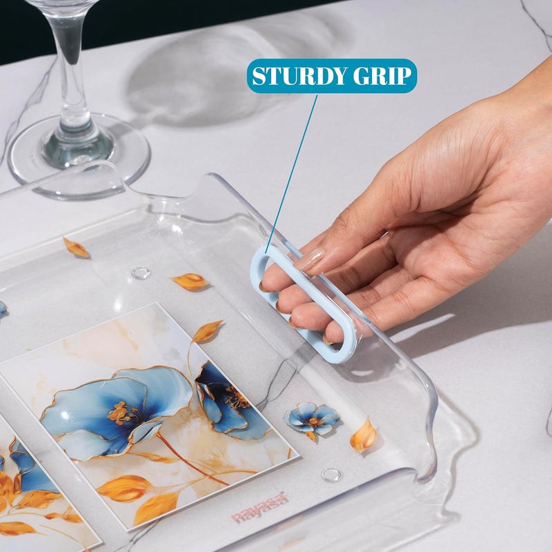 NAYASA Modern Plastic Serving Tray Set of 3, Small, Medium & Large | Durable Multipurpose Kitchen Tray for Tea, Coffee, Snacks, Fruits & Desserts | Transparent Blue - Image 3