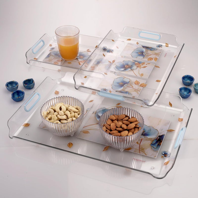 NAYASA Modern Plastic Serving Tray Set of 3, Small, Medium & Large | Durable Multipurpose Kitchen Tray for Tea, Coffee, Snacks, Fruits & Desserts | Transparent Blue - Image 1