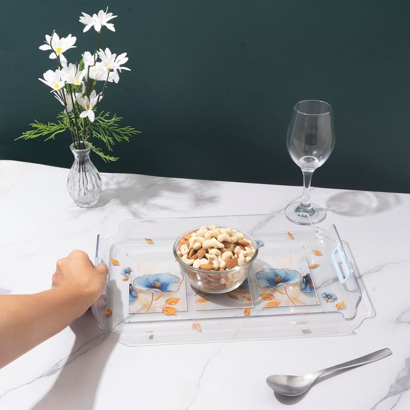 NAYASA Modern Plastic Serving Tray Set of 3, Small, Medium & Large | Durable Multipurpose Kitchen Tray for Tea, Coffee, Snacks, Fruits & Desserts | Transparent Blue - Image 2