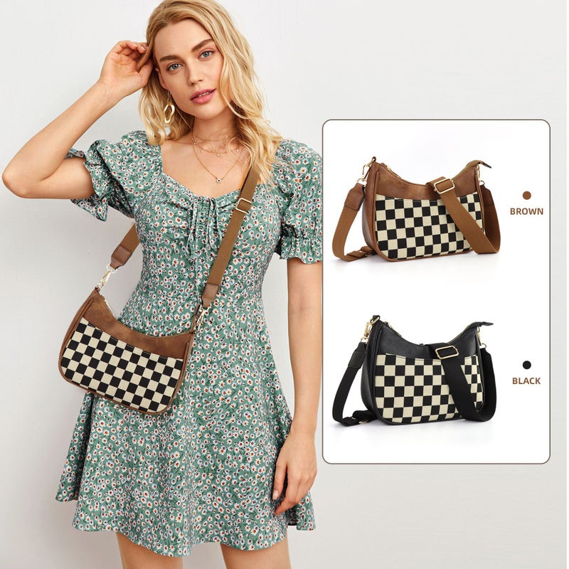 Checkerboard Plaid Shoulder Bag Crescent Bag Crossbody Bag Adjustable Shoulder Strap Large Capacity Women - Image 2