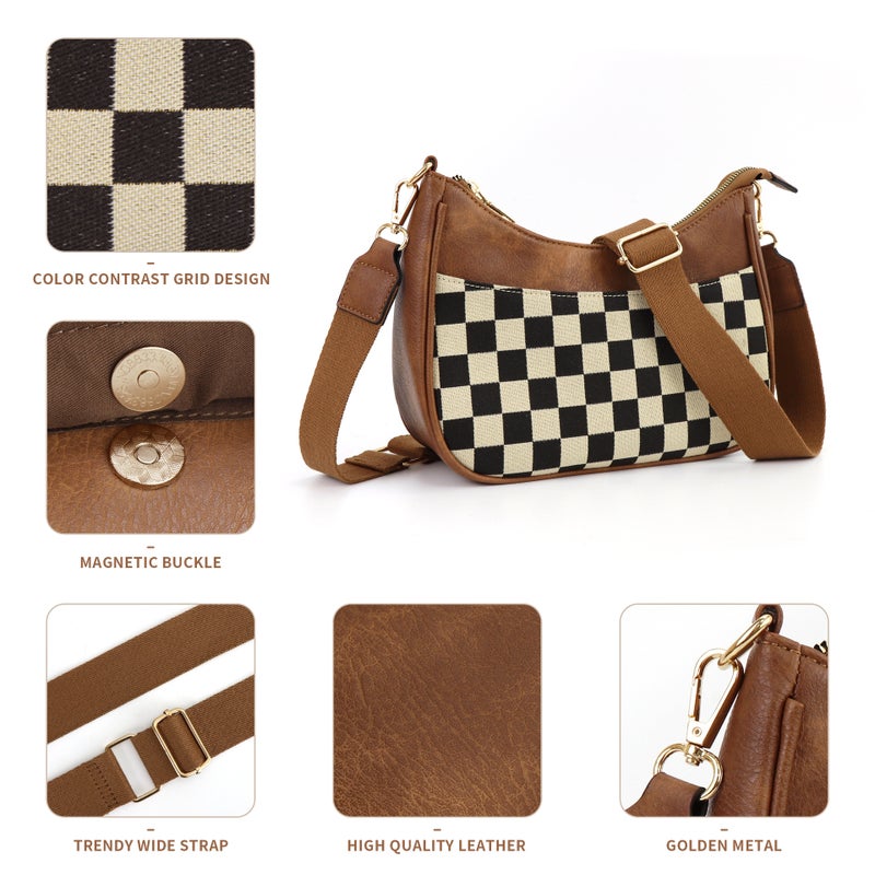Checkerboard Plaid Shoulder Bag Crescent Bag Crossbody Bag Adjustable Shoulder Strap Large Capacity Women - Image 5