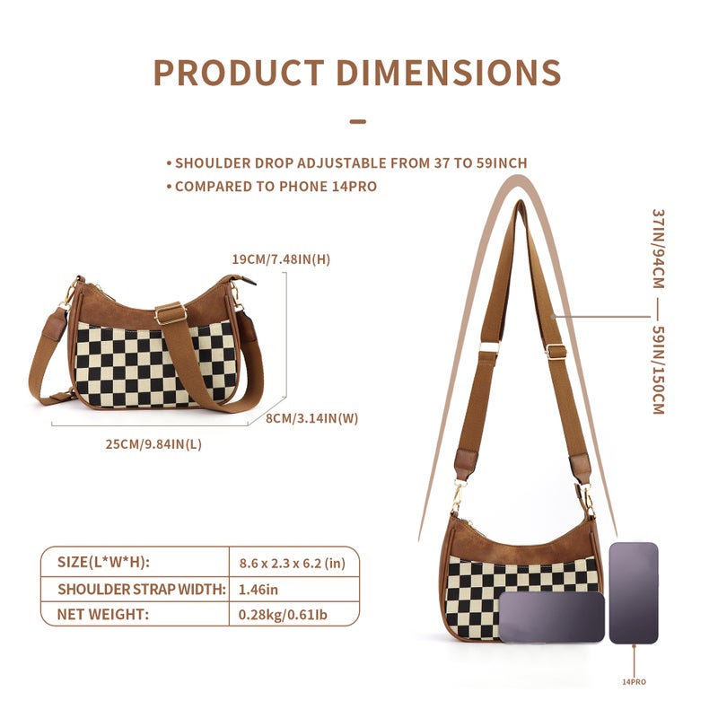Checkerboard Plaid Shoulder Bag Crescent Bag Crossbody Bag Adjustable Shoulder Strap Large Capacity Women - Image 3