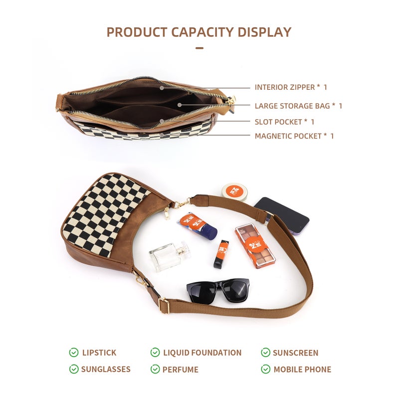 Checkerboard Plaid Shoulder Bag Crescent Bag Crossbody Bag Adjustable Shoulder Strap Large Capacity Women - Image 4