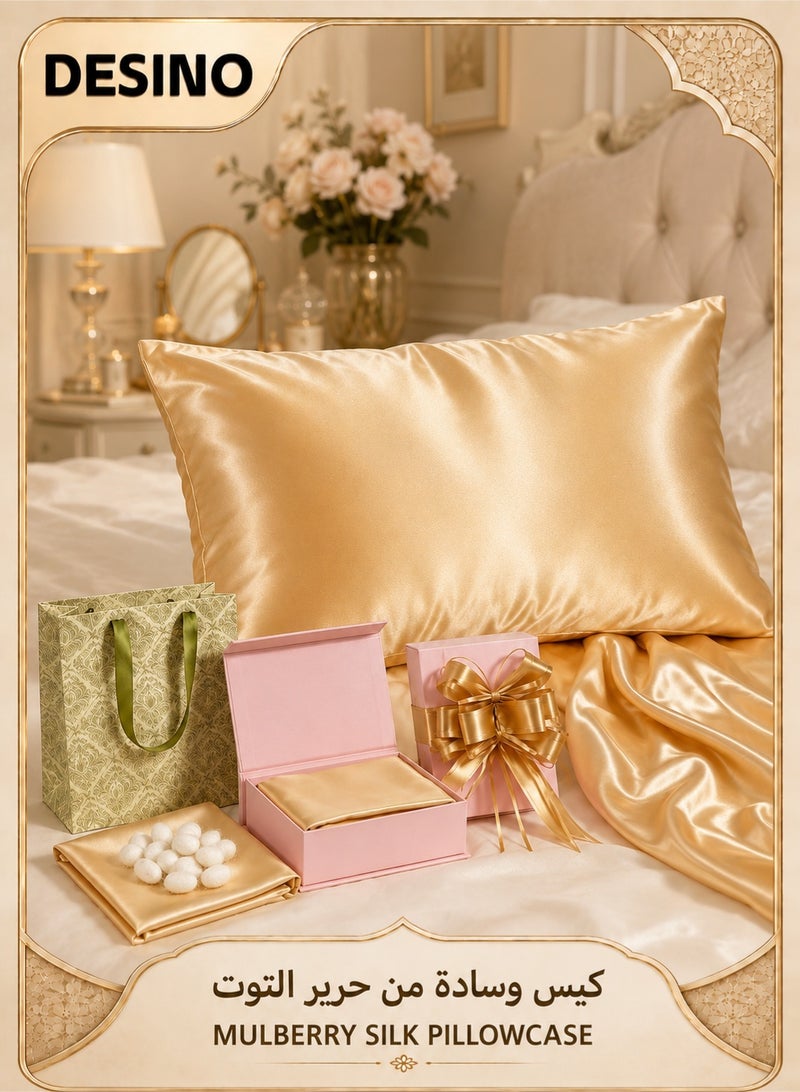 DESINO Silk Pillowcase for Hair and Skin, 25 Momme 100% Mulberry Silk Pillow Cover, Double Sided Cooling Real Silk Pillow Case with Hidden Zipper & Gift Bag, Gold, 48.5×71cm, 1pc - Image 1