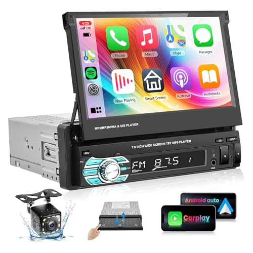 Podofo Single Din Car Stereo Radio with AppIe Carplay Android Auto Airplay MirrorLinkPodofo 7inch 1080P Flip Out Car Radio Bluetooth FM Radio HD Backup Camera20 USBTF CardAUXin PortsSupport SWC - Image 1