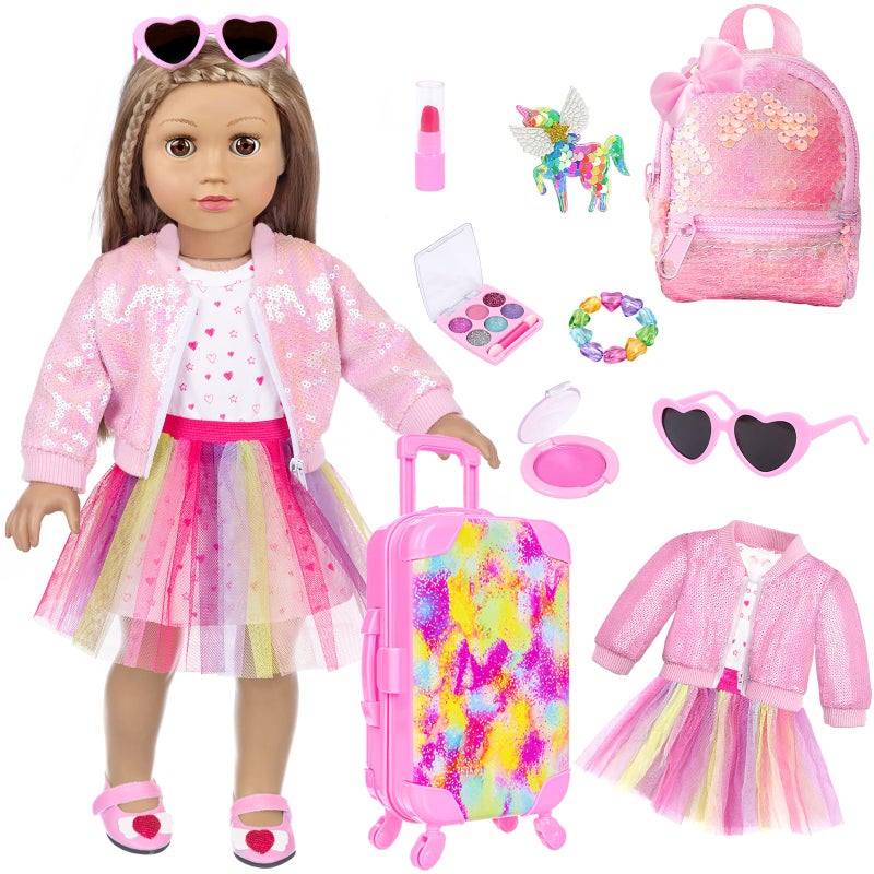 BDDOLL American 18 Inch Doll Clothes and Accessories with Travel Suitcase and Makeup fit 18 Inch Doll Includes Suitcase Backpack Sunglasses Lipstick Eyeshadow Palette Bracelet Hair Blusher - Image 3