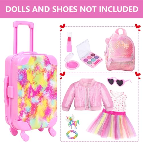 BDDOLL American 18 Inch Doll Clothes and Accessories with Travel Suitcase and Makeup fit 18 Inch Doll Includes Suitcase Backpack Sunglasses Lipstick Eyeshadow Palette Bracelet Hair Blusher - Image 5