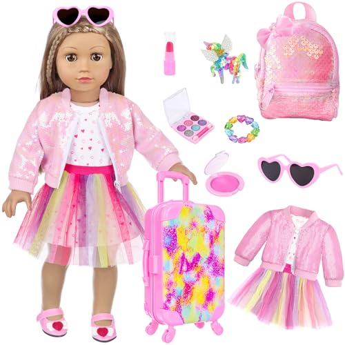 BDDOLL American 18 Inch Doll Clothes and Accessories with Travel Suitcase and Makeup fit 18 Inch Doll Includes Suitcase Backpack Sunglasses Lipstick Eyeshadow Palette Bracelet Hair Blusher - Image 1
