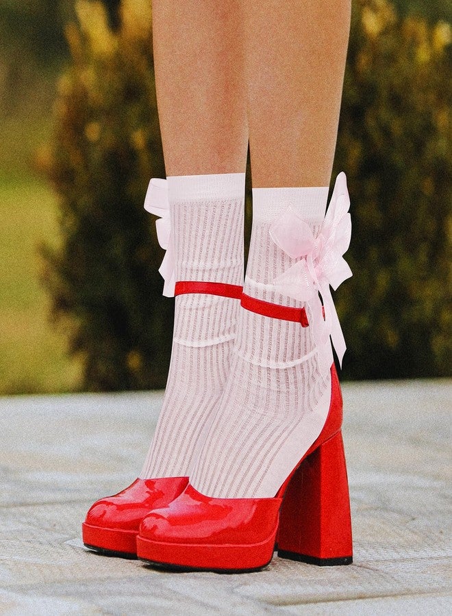 فيوليت ميست جوارب فيوليت ميست اللطيفة للنساء والفتيات، جوارب وردية رقيقة تسمح بمرور الهواء، جوارب فضفاضة مزينة بفيونكات وردية، جوارب أنيقة مزينة بفيونكات أميرة لوليتا، جوارب قصيرة مزينة، هدايا مميزة ومرحة للعطلات - Image 5