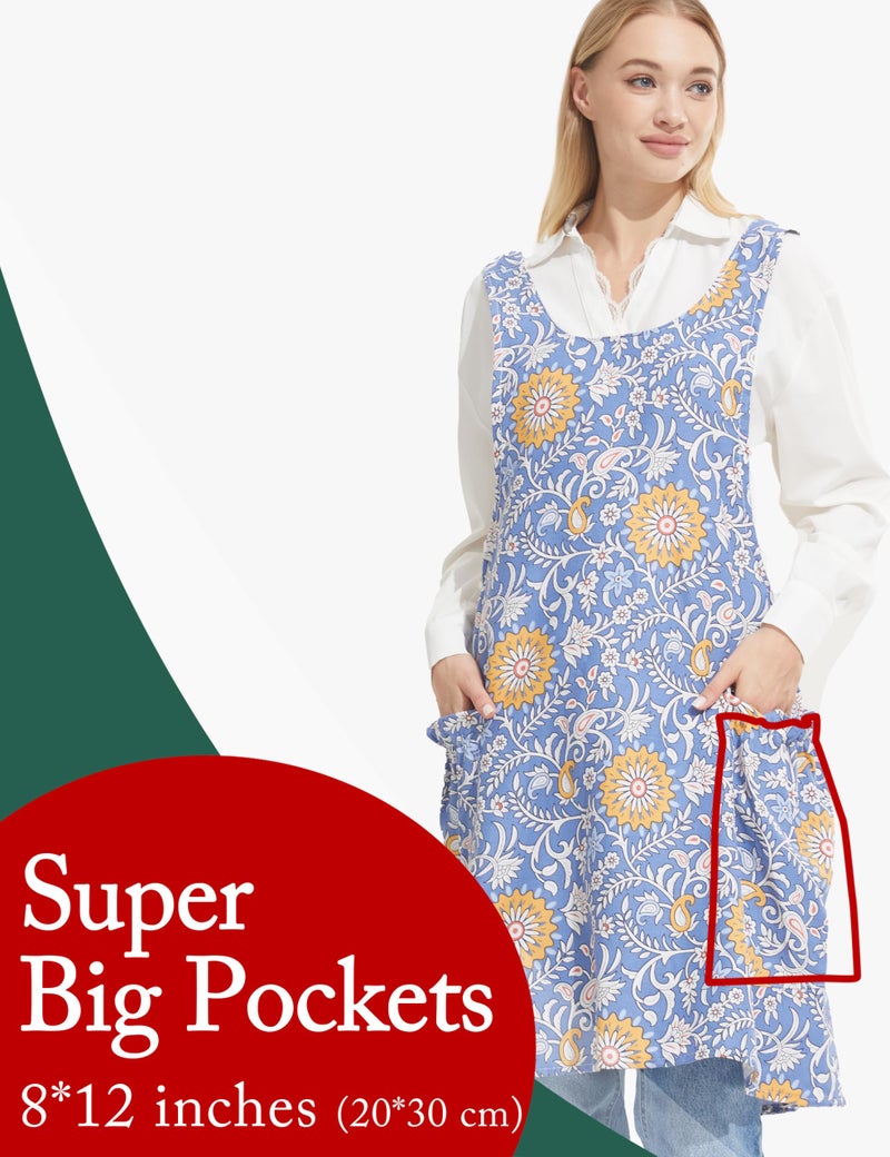 APRONNER Cozy Adjustable Cross Back Aprons for Women with Pockets Cotton Linen Cooking Kitchen Baking Blue Background Yellow Flowers - Image 2