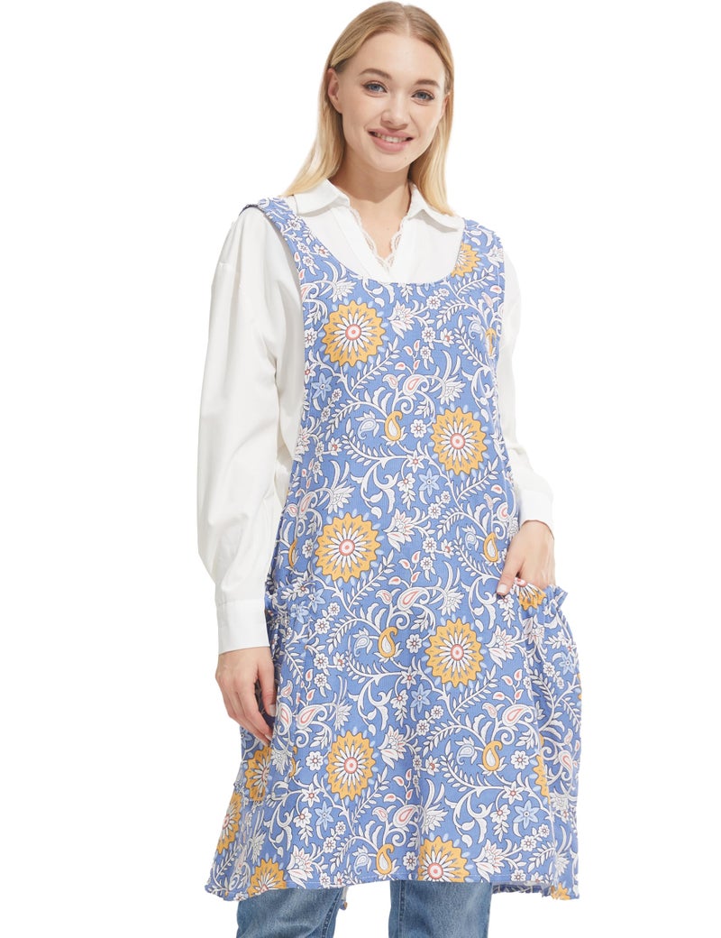 APRONNER Cozy Adjustable Cross Back Aprons for Women with Pockets Cotton Linen Cooking Kitchen Baking Blue Background Yellow Flowers - Image 1