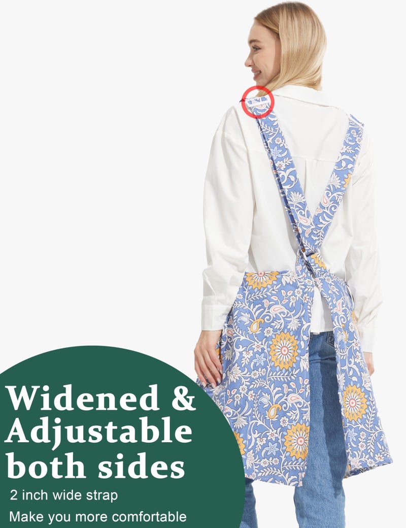 APRONNER Cozy Adjustable Cross Back Aprons for Women with Pockets Cotton Linen Cooking Kitchen Baking Blue Background Yellow Flowers - Image 3