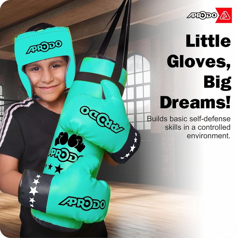 Aprodo Pack of 4 Kids Boxing Kit Set | Punching Bag for Karate | Bounce-Back Martial Arts Bag for Boys & Girls for Age 3 4 5 6 7 8 Years to Relieve Energy and Build Skills (Green-Black) - Image 4