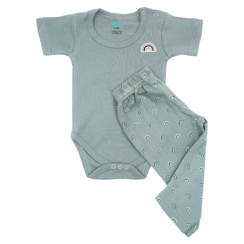 Babies Basic Babies Basic Ribbed Cotton Printed Short Sleeves T-shirt / Romper and Pyjama Set, Green