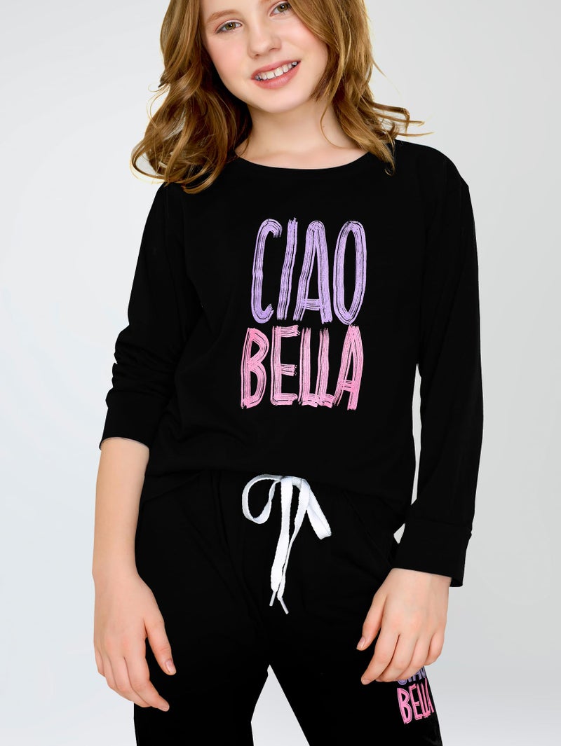 ZEYO Night Suit for Girl's Black Typography Printed Cotton Night Dress of Top and Joggers Set 5563 - Image 2