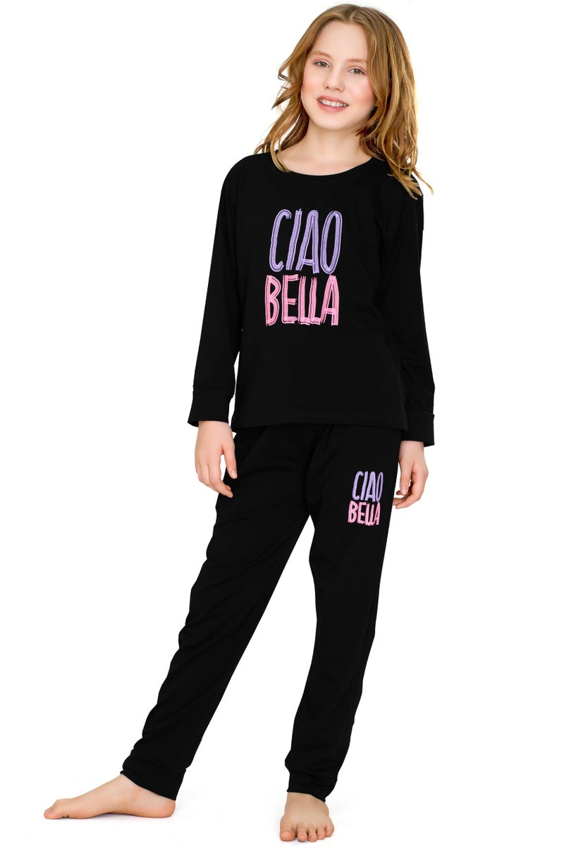 ZEYO Night Suit for Girl's Black Typography Printed Cotton Night Dress of Top and Joggers Set 5563 - Image 1