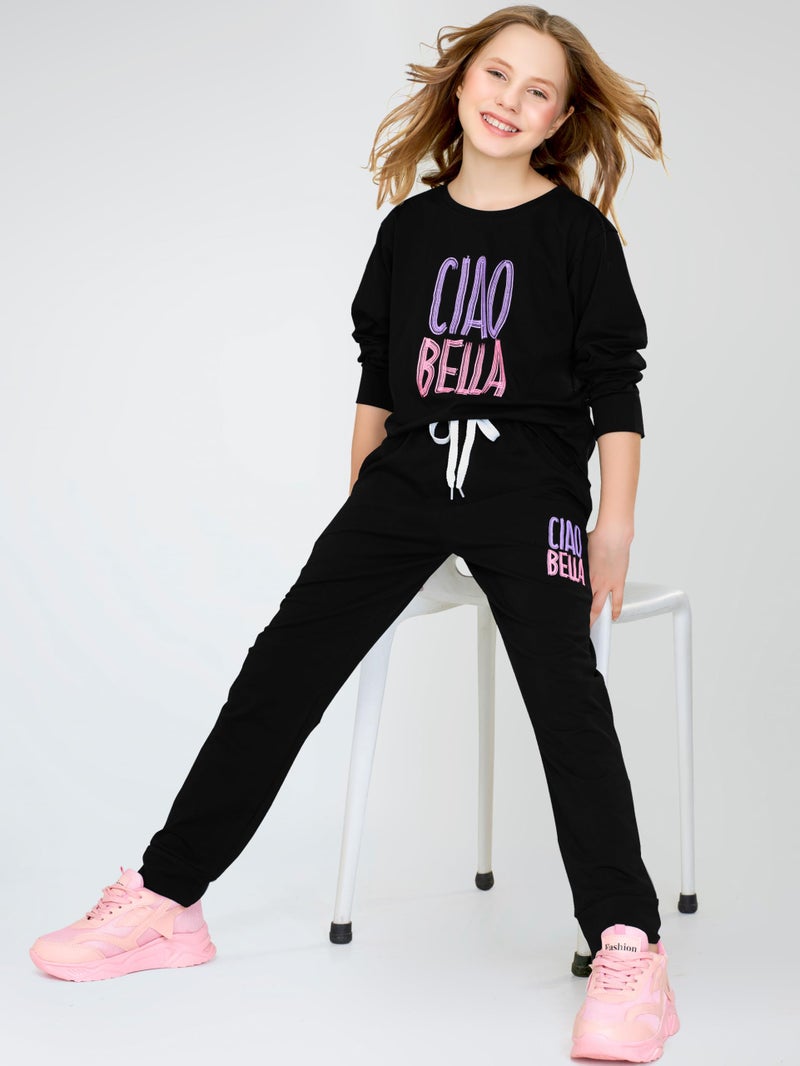 ZEYO Night Suit for Girl's Black Typography Printed Cotton Night Dress of Top and Joggers Set 5563 - Image 3