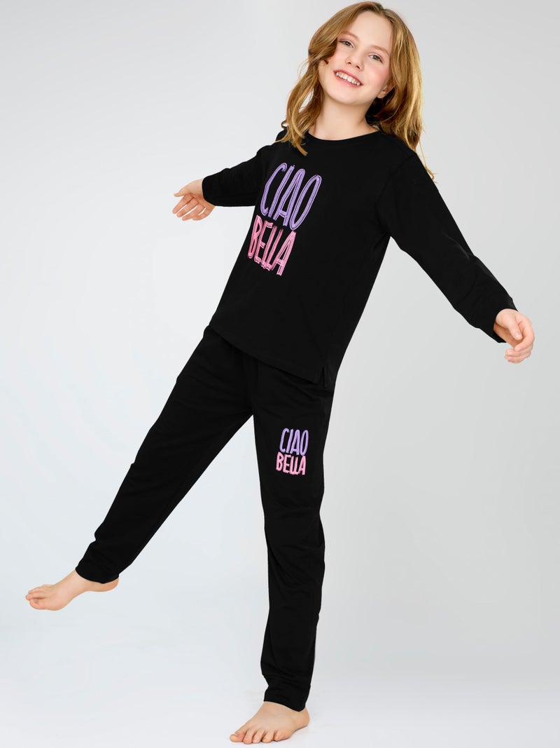 ZEYO Night Suit for Girl's Black Typography Printed Cotton Night Dress of Top and Joggers Set 5563 - Image 4