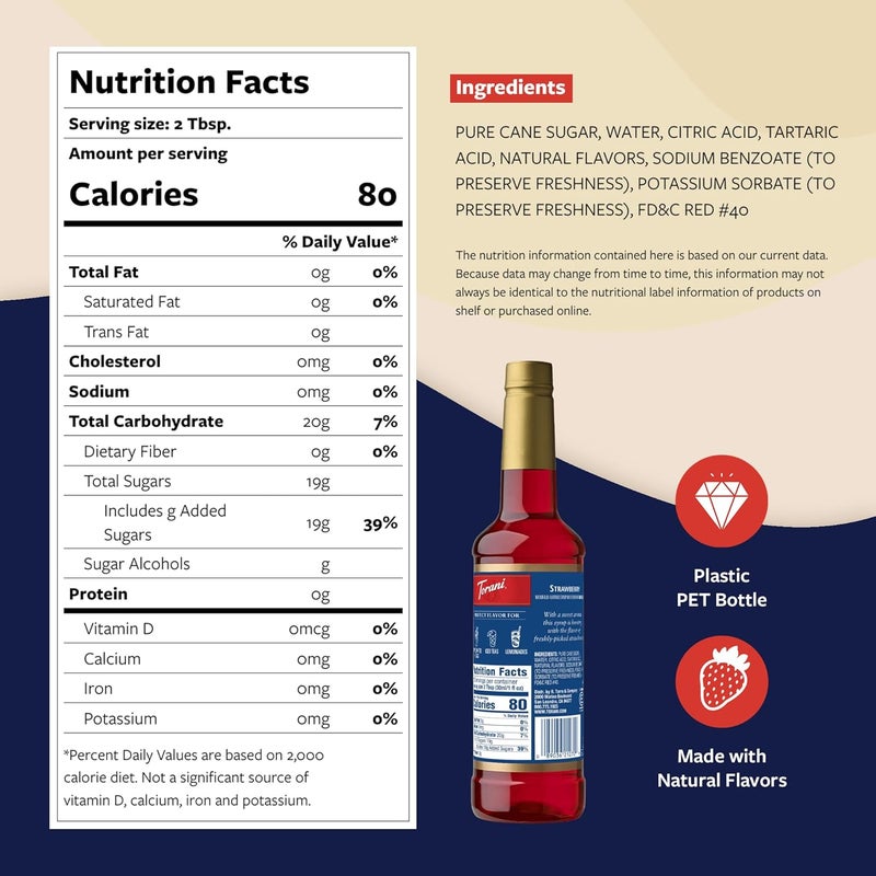 Torani Strawberry Syrup with Pump - 25.4 Oz Bottle for Flavoring Drinks - Image 2