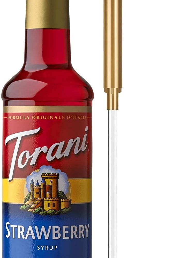 Torani Strawberry Syrup with Pump - 25.4 Oz Bottle for Flavoring Drinks - Image 1