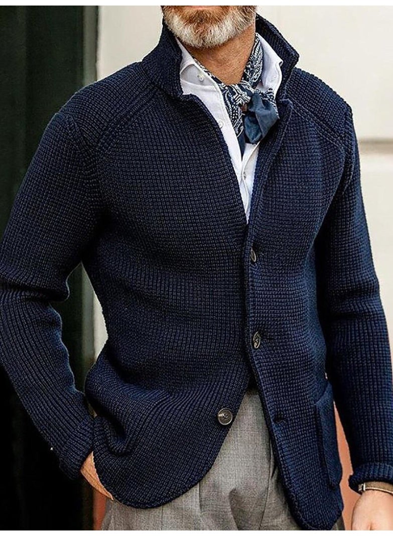NIBEMINENT Men's Solid Casual Knitwear Sweater Thick Warm Stand Collar Cardigan Tops Elegant Knitted Coats Autumn Winter Male Sweaters - Image 1