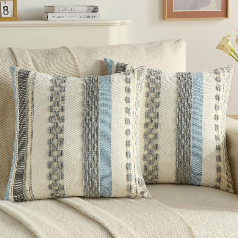 FUTEI Grey Decorative Throw Pillow Covers 18x18 Inch Set of 2, Soft Tufted Striped Textured Accent Cushion Case,Boho Pillows for Couch Decor - Image 1