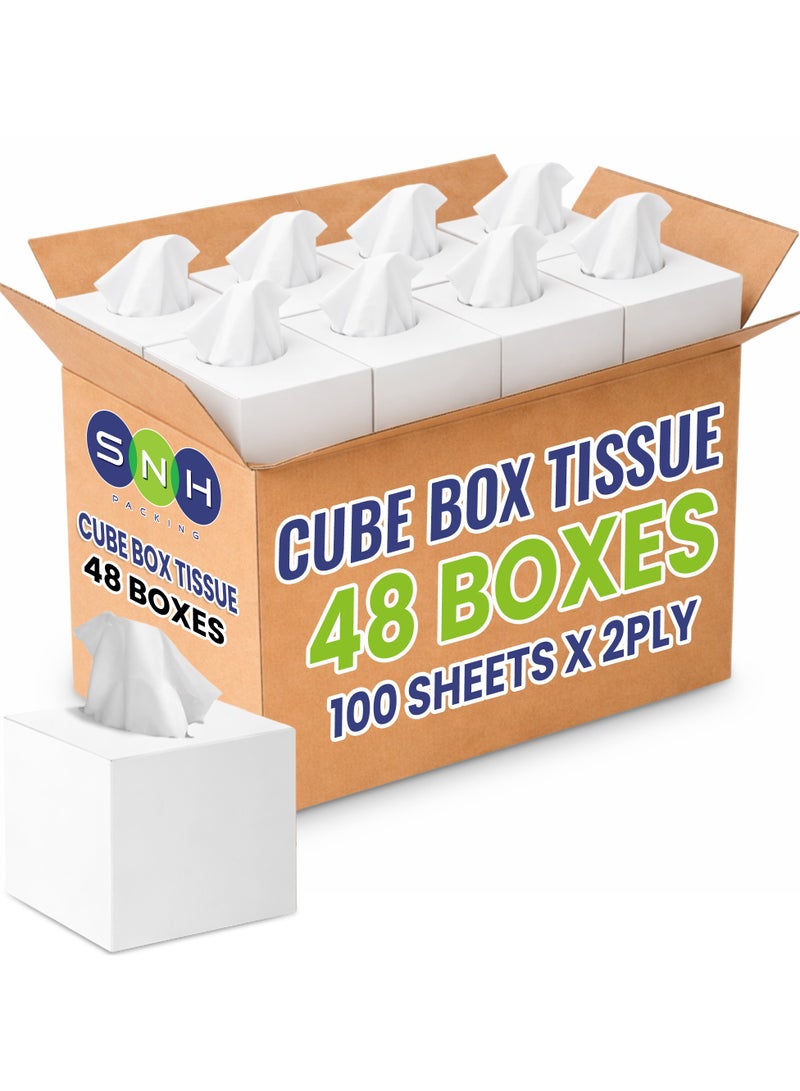 SNH Packing Cubic Box Facial Tissue Pack of 48, 2 Ply x 100 Tissues Each Cube Box White - Image 1