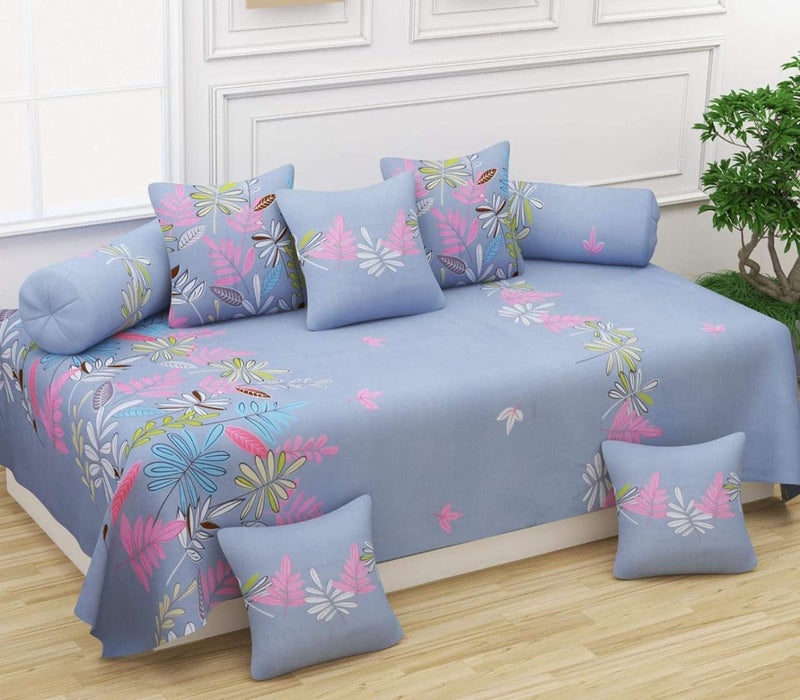 MORADO Glace Cotton Pattern Diwan Set of 8 with 1 Single Bed Sheet,5 Pieces Cushion Covers, and Combo of 2 Bolster Cover for Your Living Room Best for Diwali Gift (Grey Floral) - Image 5
