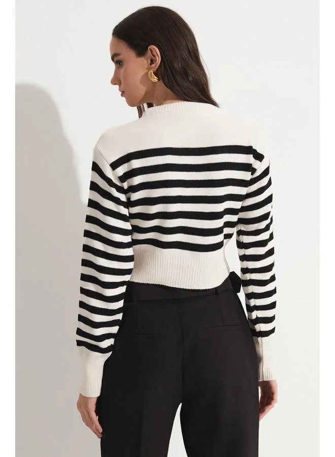 JUNE June Women Regular Fit Crew Neck Striped Knitwear Crop Sweater Ecru - Black