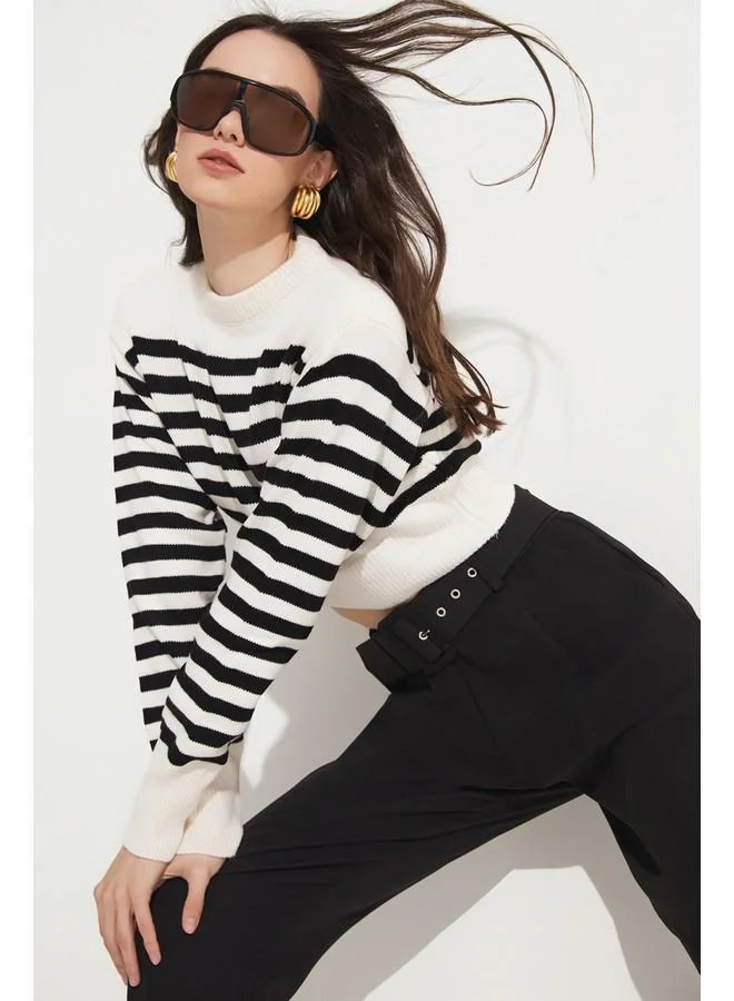 JUNE June Women Regular Fit Crew Neck Striped Knitwear Crop Sweater Ecru - Black