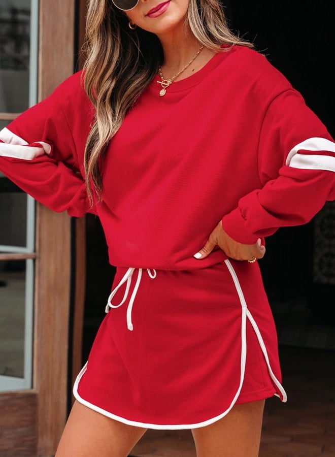 SELINK Womens Striped 2 Piece Outfit Tracksuit Oversized Lounge Set Casual Top and Skorts Matching Sets, Red, S - Image 2
