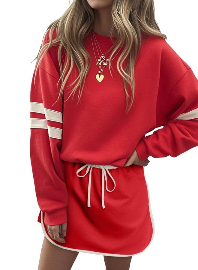 SELINK Womens Striped 2 Piece Outfit Tracksuit Oversized Lounge Set Casual Top and Skorts Matching Sets, Red, S - Image 1