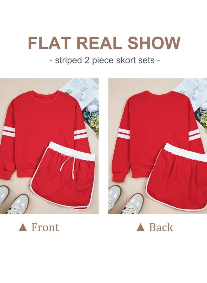 SELINK Womens Striped 2 Piece Outfit Tracksuit Oversized Lounge Set Casual Top and Skorts Matching Sets, Red, S - Image 4
