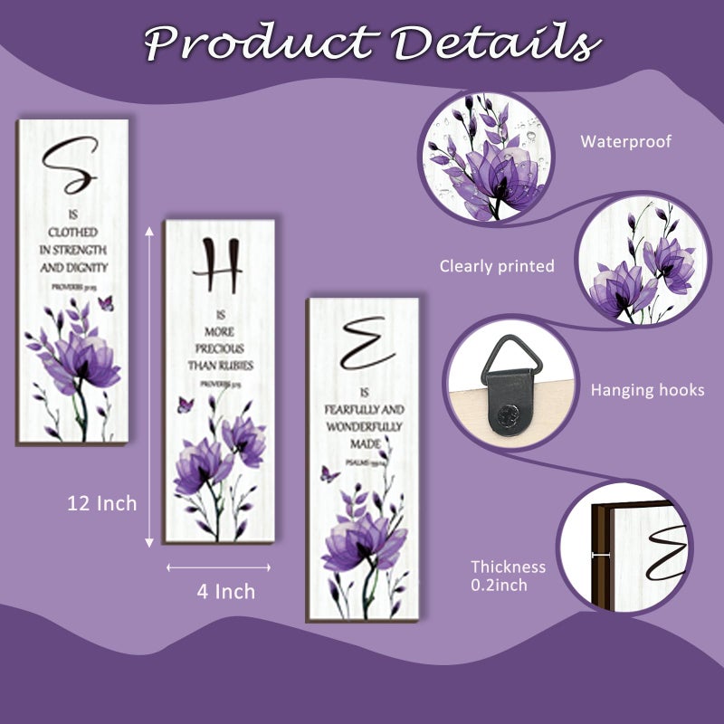 DONFENTHY 3 Pieces Inspirational Purple Floral Wall Decor Wooden Hanging Wall Art Christian Quotes SHE Word Sign Gift for Girl Teen Women Bedroom Bathroom Living Room Nursery Office (Purple 12x4 Inch) - Image 4
