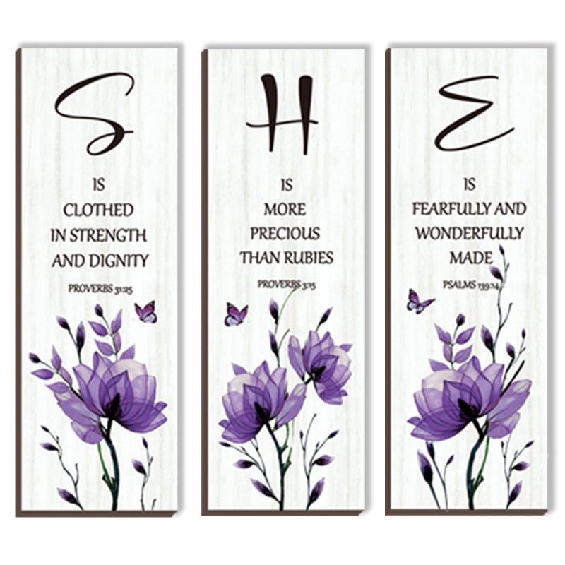 DONFENTHY 3 Pieces Inspirational Purple Floral Wall Decor Wooden Hanging Wall Art Christian Quotes SHE Word Sign Gift for Girl Teen Women Bedroom Bathroom Living Room Nursery Office (Purple 12x4 Inch) - Image 1