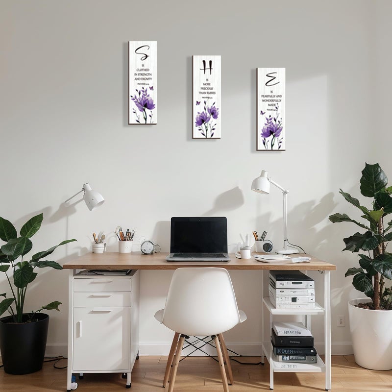 DONFENTHY 3 Pieces Inspirational Purple Floral Wall Decor Wooden Hanging Wall Art Christian Quotes SHE Word Sign Gift for Girl Teen Women Bedroom Bathroom Living Room Nursery Office (Purple 12x4 Inch) - Image 3